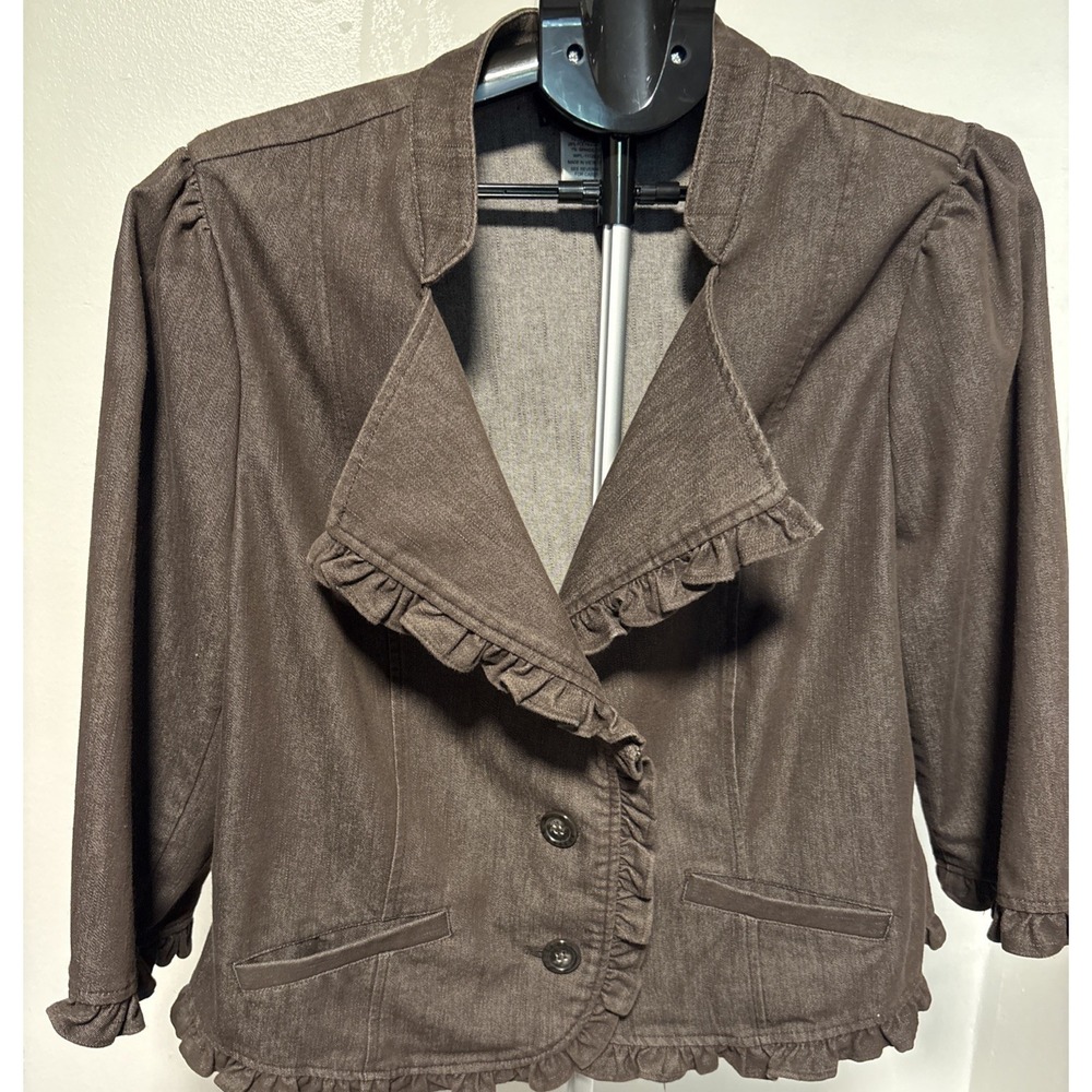 New York Clothing Co Womens 2X Brown Jean Ruffle Blazer Jacket 3 buttons cute